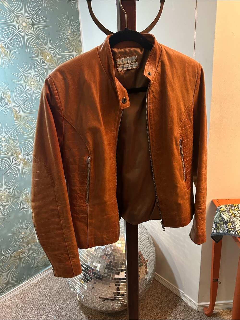 Argentine Genuine Leather Moto Jacket Cognac Brown Quilted Sleeve Size M